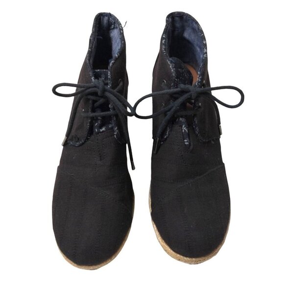 Toms Desert Wedge Shoes Ankle Bootie Womens 9.5 Black Canvas Lace Up - Picture 3 of 8